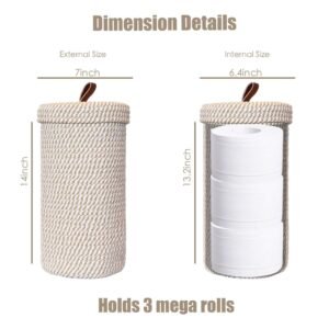 Handmade Woven Toilet Paper Holder with Lid, Freestanding Bathroom Storage Basket for 3 Mega Rolls, Cotton Rope Organizer
