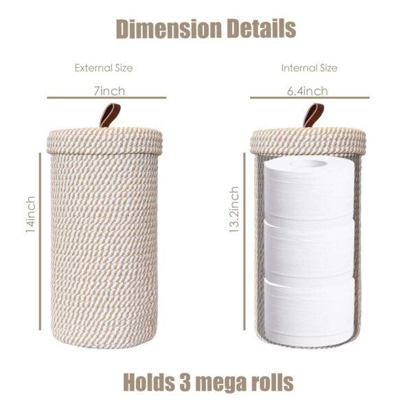 Handmade Woven Toilet Paper Holder with Lid, Freestanding Bathroom Storage Basket for 3 Mega Rolls, Cotton Rope Organizer