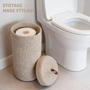 Handmade Woven Toilet Paper Holder with Lid, Freestanding Bathroom Storage Basket for 3 Mega Rolls, Cotton Rope Organizer