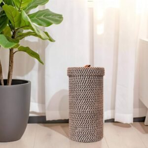Handmade Woven Toilet Paper Holder with Lid, Freestanding Bathroom Storage Basket for 3 Mega Rolls, Cotton Rope Organizer