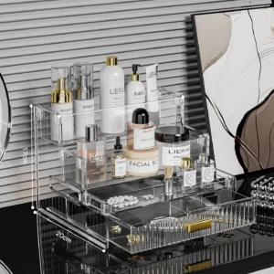 Cosmetic Storage Box with Drawers, 3-Tier Perfume Display Organizer for Vanity, Dressing Table and Bathroom Use, for Skincare, Beauty Products and Small Jewelry Storage