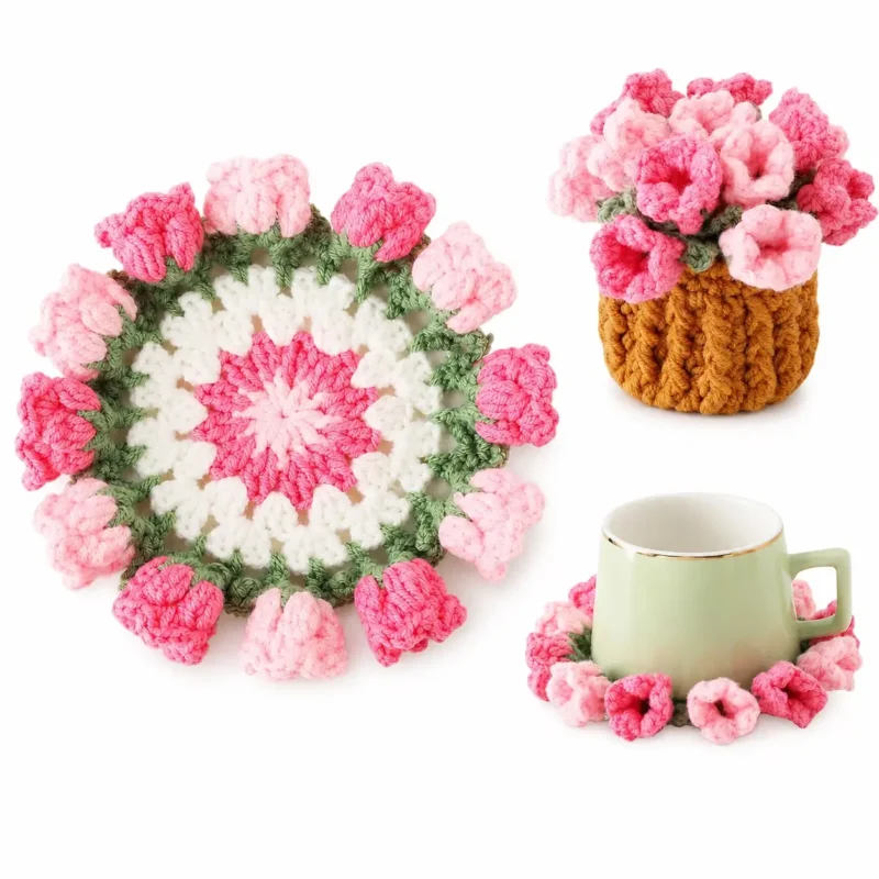Handmade Crochet Flower Coaster with Plant Pot, 3D Floral Bouquet Cup Mat for Coffee Mugs, Mother's Day, Teacher Appreciation & Birthday Gift, Pink, 1 Piece
