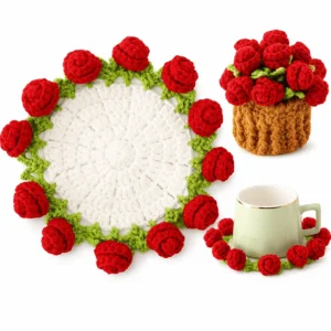 主图-01 Handmade Crochet Flower Coaster with Plant Pot, 3D Floral Bouquet Cup Mat for Coffee Mugs, Mother's Day, Teacher Appreciation & Birthday Gift, Pink, 1 Piece