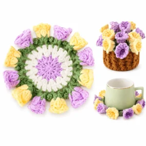 主图-01 (2) Handmade Crochet Flower Coaster with Plant Pot, 3D Floral Bouquet Cup Mat for Coffee Mugs, Mother's Day, Teacher Appreciation & Birthday Gift, Pink, 1 Piece