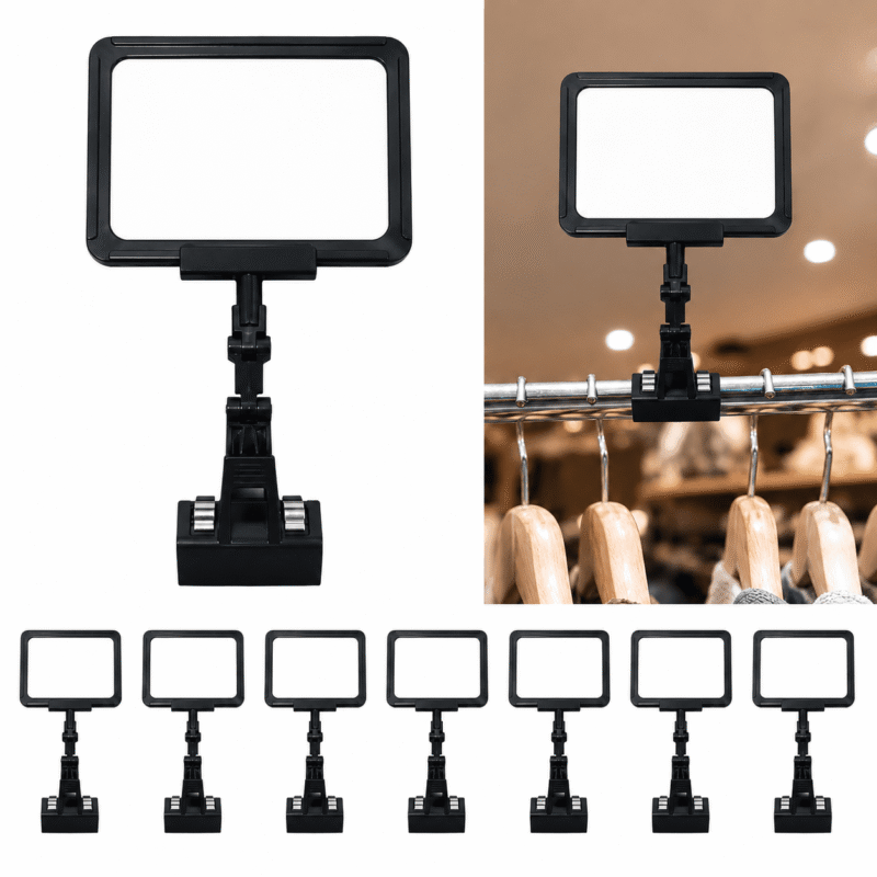KQJS 7 pack Multi-Angle Sign Holders with Clamps and PVC Card Sleeves, Retail Display Clips for Shelves & Racks, 5.9 x 4.3 in, Black
